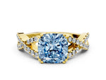 Fancy Blue Cushion Cut Diamond Solitaire Ring in Yellow gold with Interwoven Pavé Band and Prong Setting