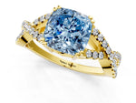 Fancy Blue Cushion Cut Diamond Solitaire Ring in Yellow gold with Interwoven Pavé Band and Prong Setting_1