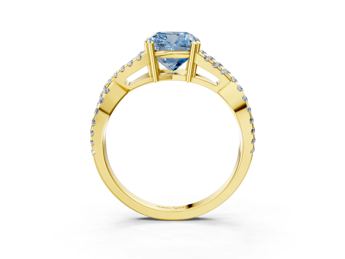 Fancy Blue Cushion Cut Diamond Solitaire Ring in Yellow gold with Interwoven Pavé Band and Prong Setting_3