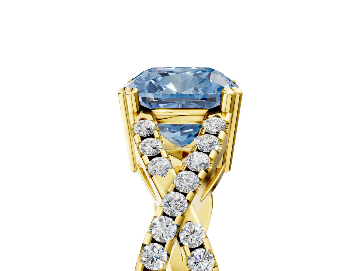 Fancy Blue Cushion Cut Diamond Solitaire Ring in Yellow gold with Interwoven Pavé Band and Prong Setting_5