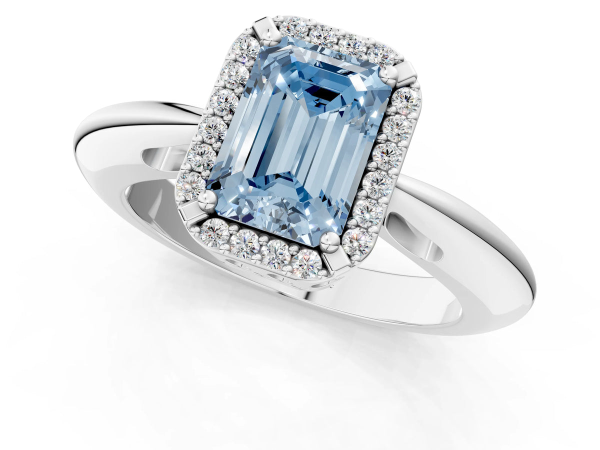 Fancy Blue Emerald Cut Diamond Halo Engagement Ring in Platinum with Plain Split Shank and Prong Setting_13