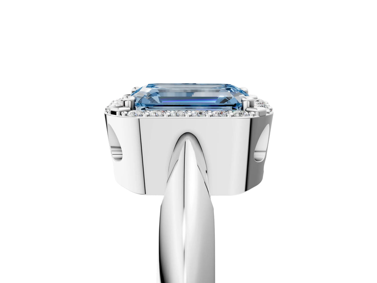 Fancy Blue Emerald Cut Diamond Halo Engagement Ring in Platinum with Plain Split Shank and Prong Setting_17