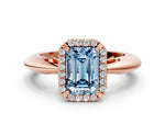 Fancy Blue Emerald Cut Diamond Halo Engagement Ring in Rose gold with Plain Split Shank and Prong Setting