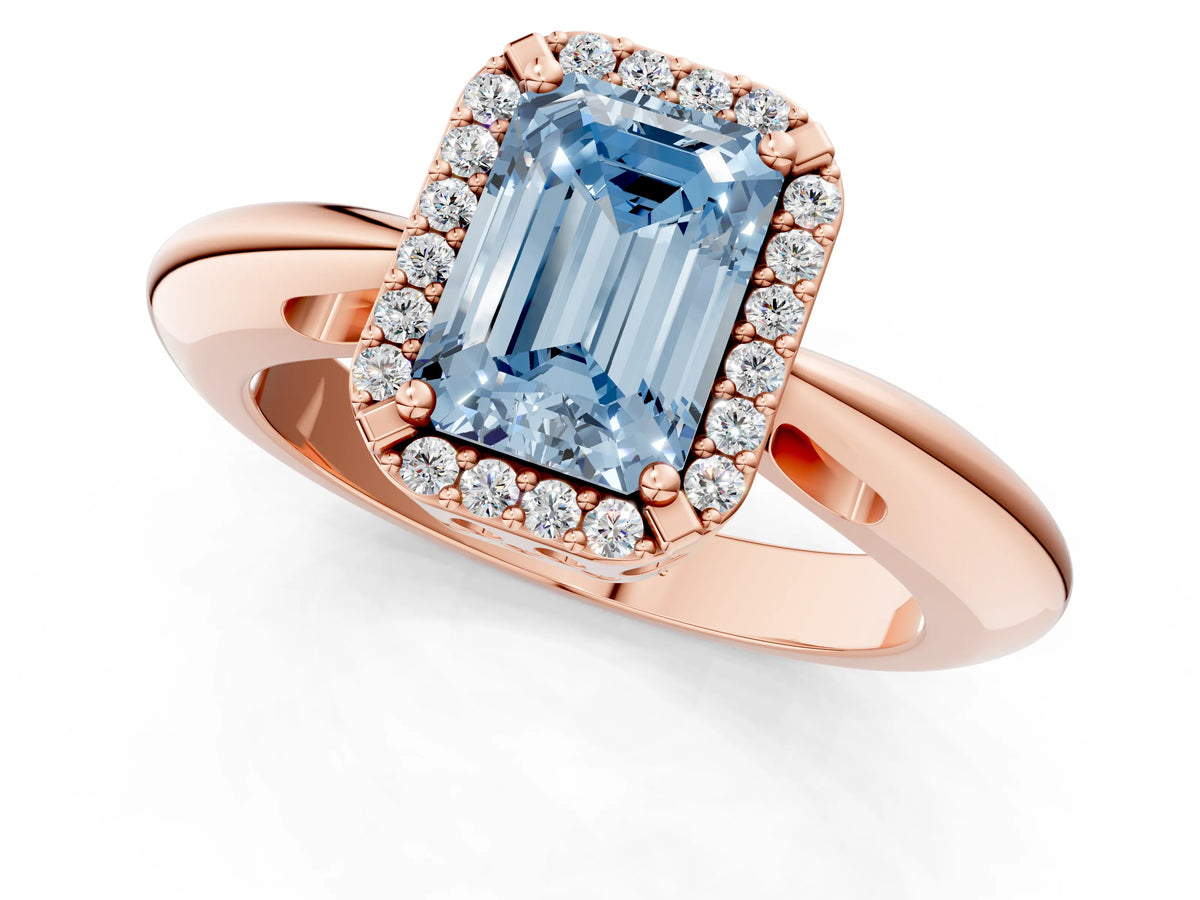 Fancy Blue Emerald Cut Diamond Halo Engagement Ring in Rose gold with Plain Split Shank and Prong Setting_1