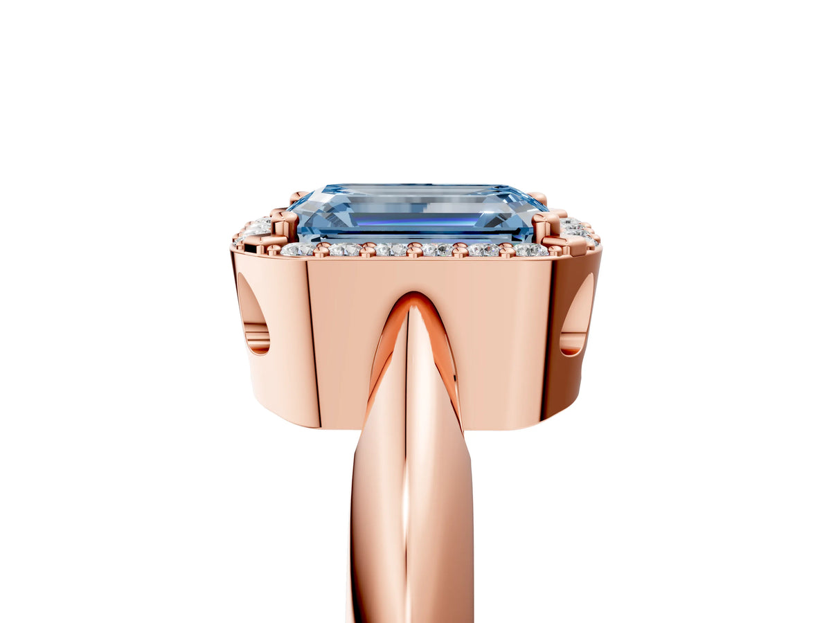 Fancy Blue Emerald Cut Diamond Halo Engagement Ring in Rose gold with Plain Split Shank and Prong Setting_5