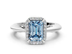 Fancy Blue Emerald Cut Diamond Halo Engagement Ring in Silver with Plain Split Shank and Prong Setting_12