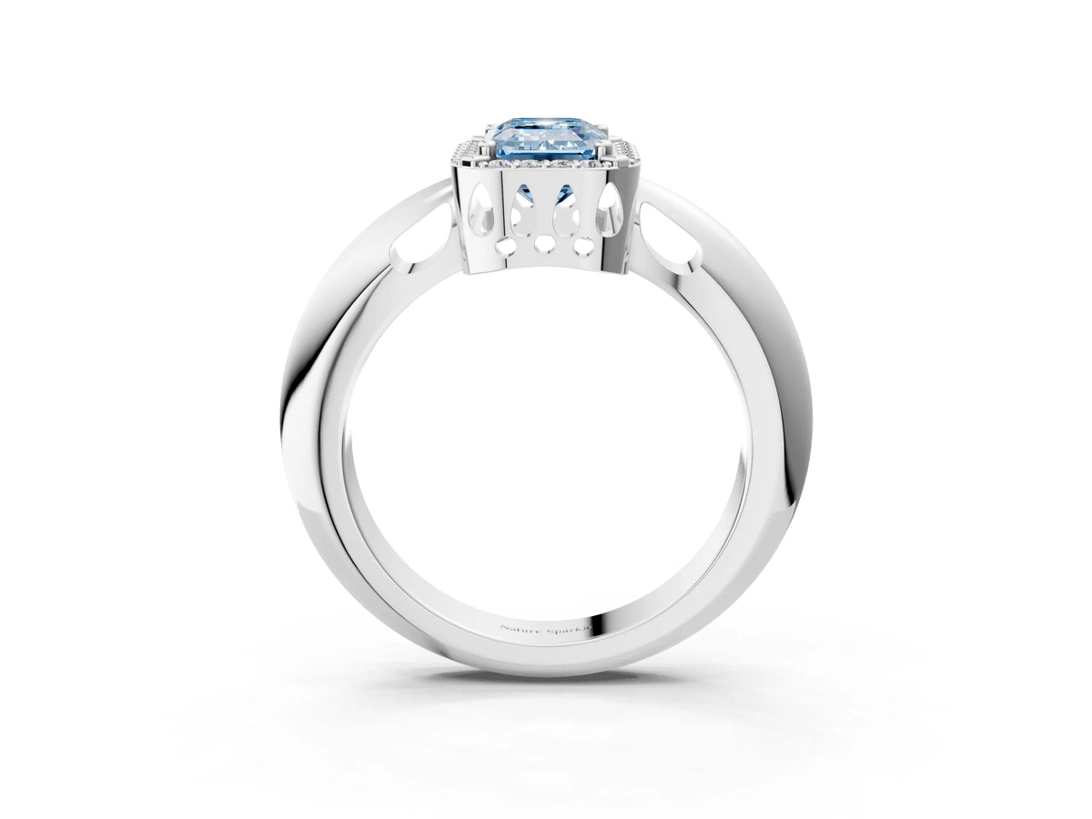 Fancy Blue Emerald Cut Diamond Halo Engagement Ring in Silver with Plain Split Shank and Prong Setting_15