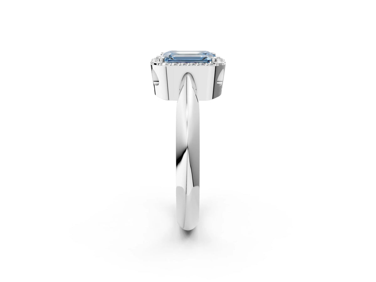 Fancy Blue Emerald Cut Diamond Halo Engagement Ring in White gold with Plain Split Shank and Prong Setting_2
