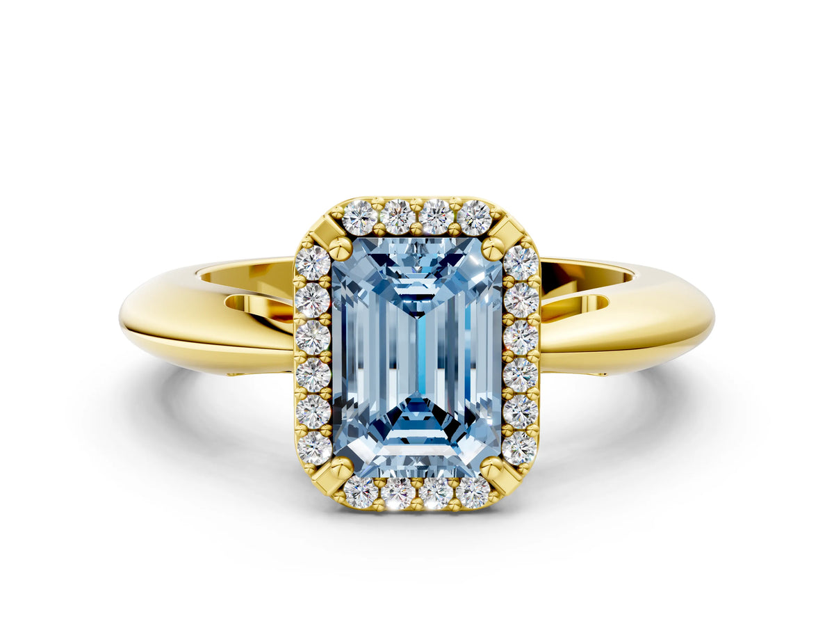 Fancy Blue Emerald Cut Diamond Halo Engagement Ring in Yellow gold with Plain Split Shank and Prong Setting