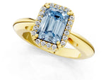 Fancy Blue Emerald Cut Diamond Halo Engagement Ring in Yellow gold with Plain Split Shank and Prong Setting_1