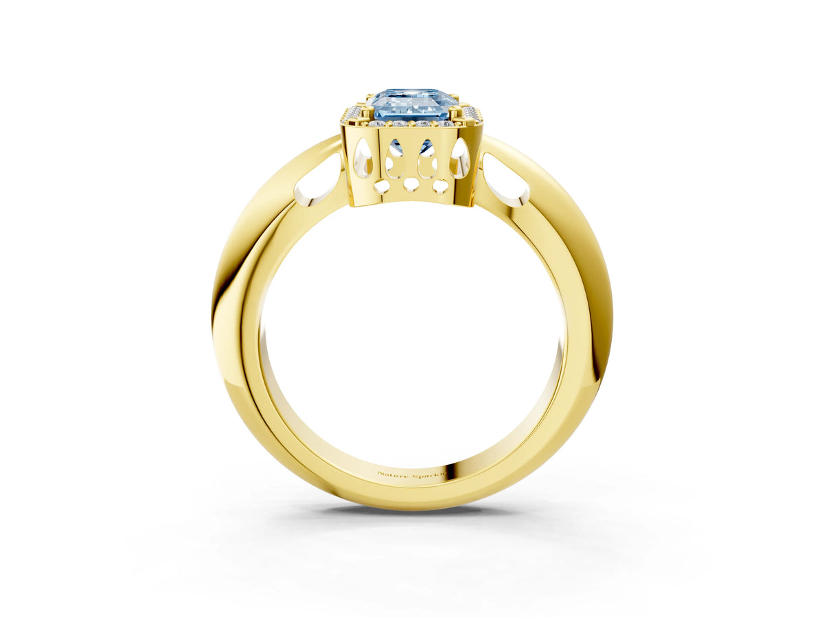 Fancy Blue Emerald Cut Diamond Halo Engagement Ring in Yellow gold with Plain Split Shank and Prong Setting_3