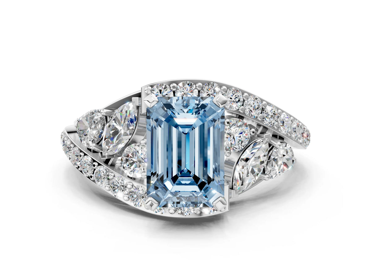 Fancy Blue Emerald Cut Diamond Halo Ring in Platinum with Marquise and Pavé Band in Prong Setting_12