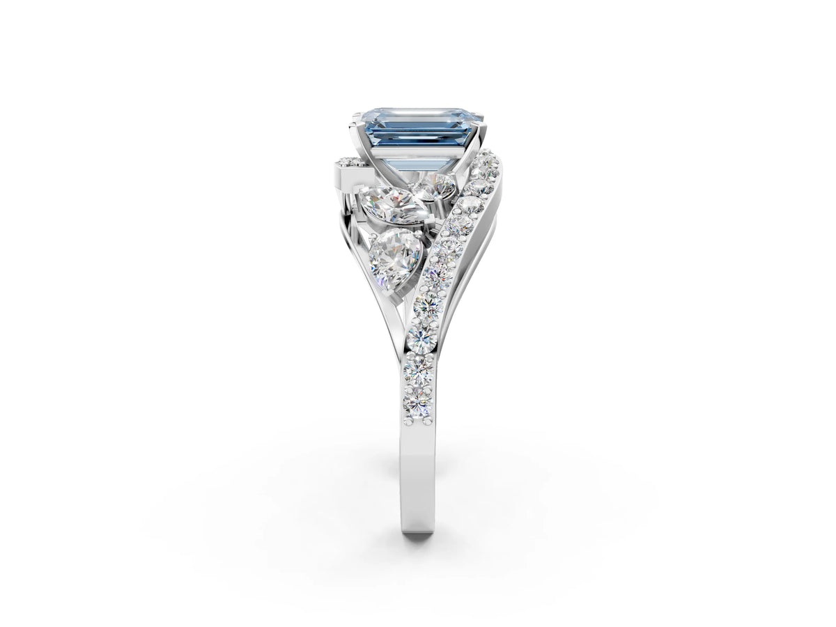 Fancy Blue Emerald Cut Diamond Halo Ring in Platinum with Marquise and Pavé Band in Prong Setting_14