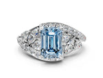 Fancy Blue Emerald Cut Diamond Halo Ring in Silver with Marquise and Pavé Band in Prong Setting_12