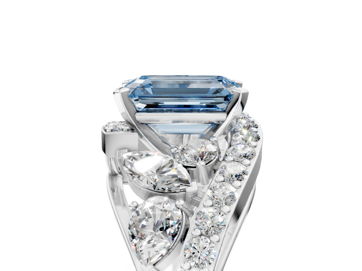 Fancy Blue Emerald Cut Diamond Halo Ring in Silver with Marquise and Pavé Band in Prong Setting_17