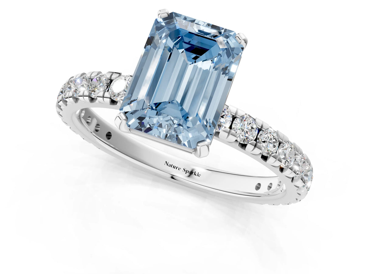Fancy Blue Emerald Cut Diamond Pavé Solitaire Ring in Silver with Round Pavé Band and Prong Setting_1