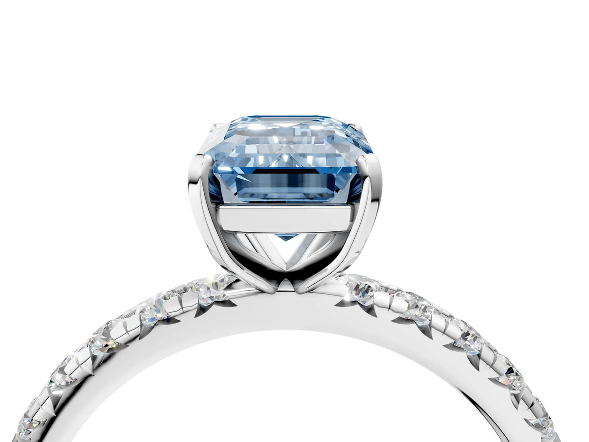 Fancy Blue Emerald Cut Diamond Pavé Solitaire Ring in Silver with Round Pavé Band and Prong Setting_4