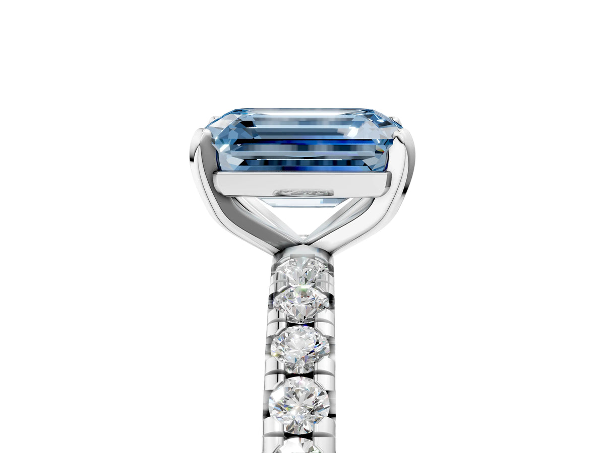 Fancy Blue Emerald Cut Diamond Pavé Solitaire Ring in Silver with Round Pavé Band and Prong Setting_5
