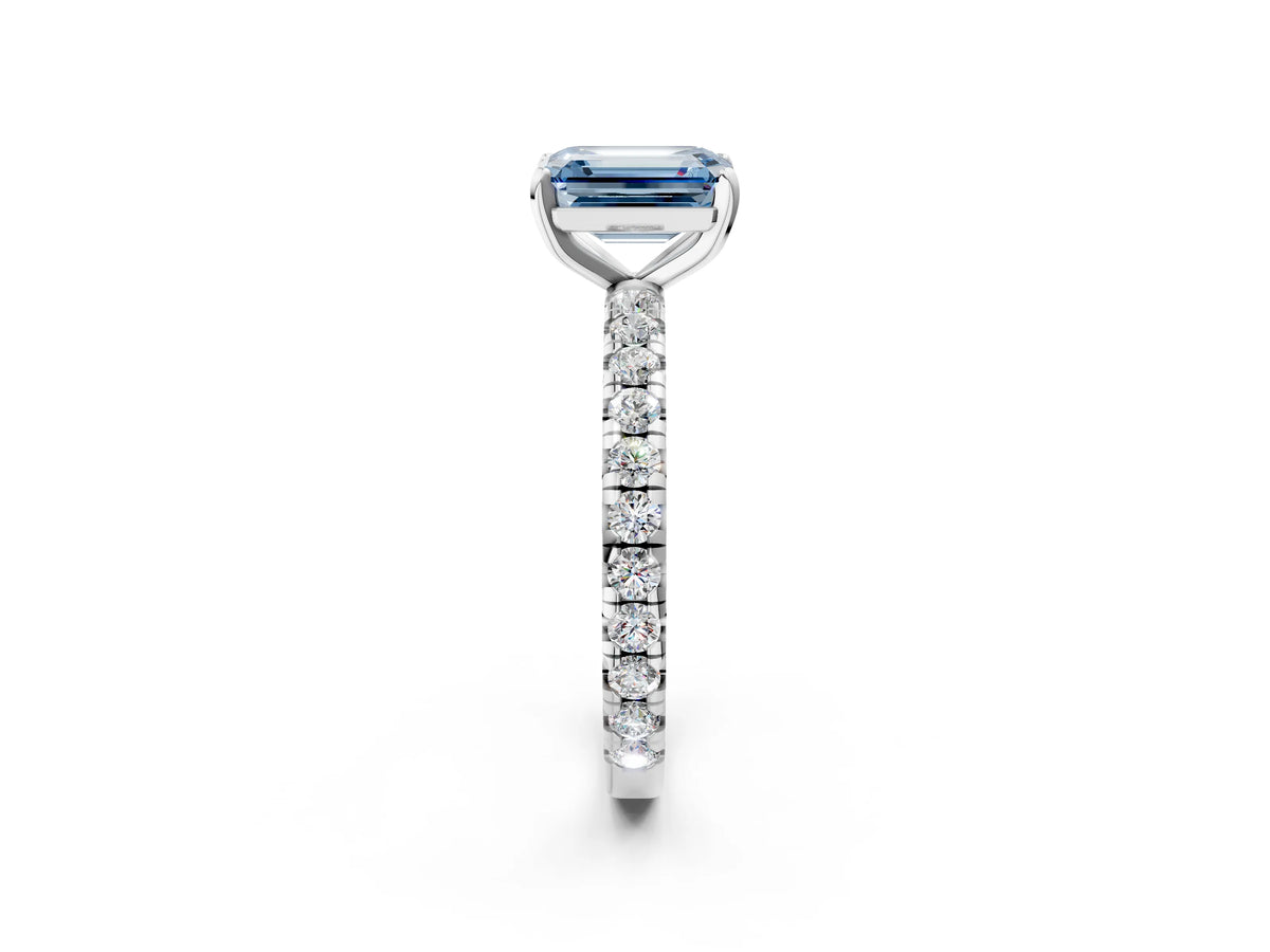 Fancy Blue Emerald Cut Diamond Pavé Solitaire Ring in White gold with Round Pavé Band and Prong Setting_2