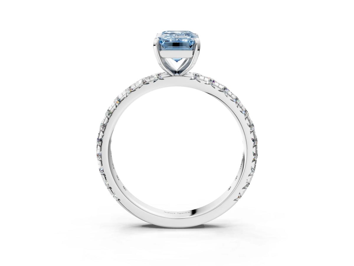 Fancy Blue Emerald Cut Diamond Pavé Solitaire Ring in White gold with Round Pavé Band and Prong Setting_3
