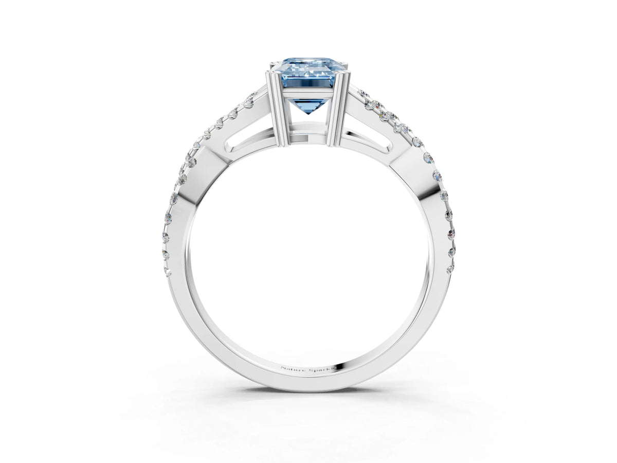 Fancy Blue Emerald Cut Diamond Solitaire Ring in Platinum with Interwoven Pavé Band and Prong Setting_9