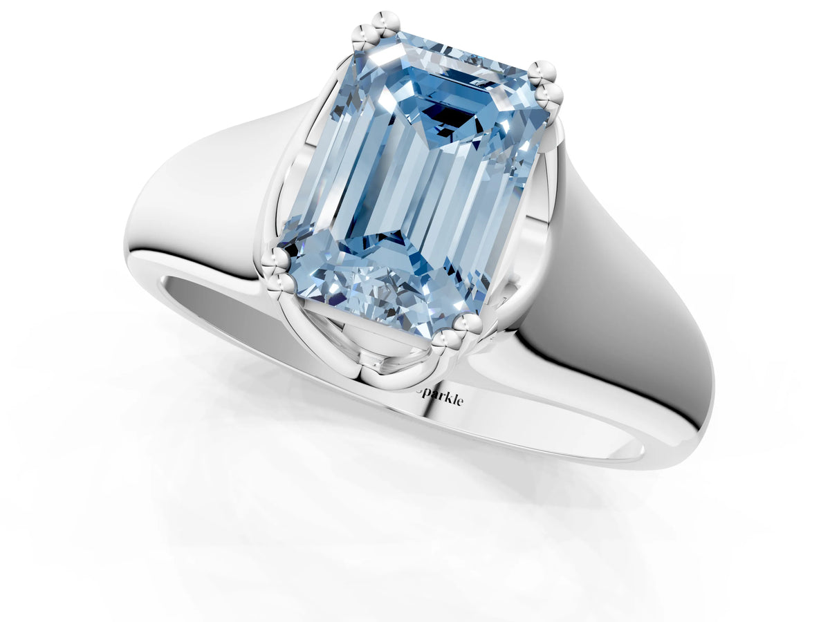 Fancy Blue Emerald Cut Diamond Solitaire Ring in Platinum with Smooth Wide Band and Prong Setting_13
