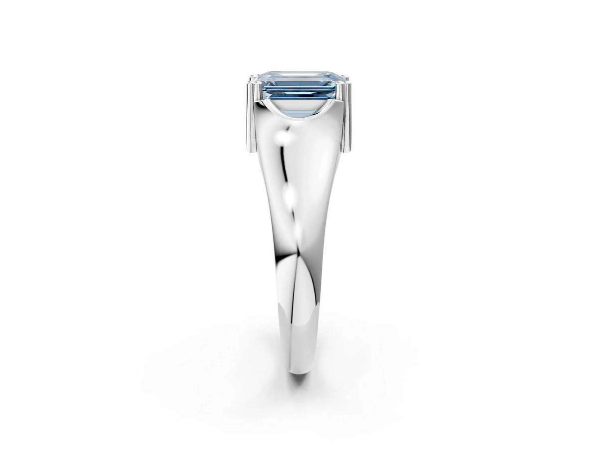 Fancy Blue Emerald Cut Diamond Solitaire Ring in Platinum with Smooth Wide Band and Prong Setting_14
