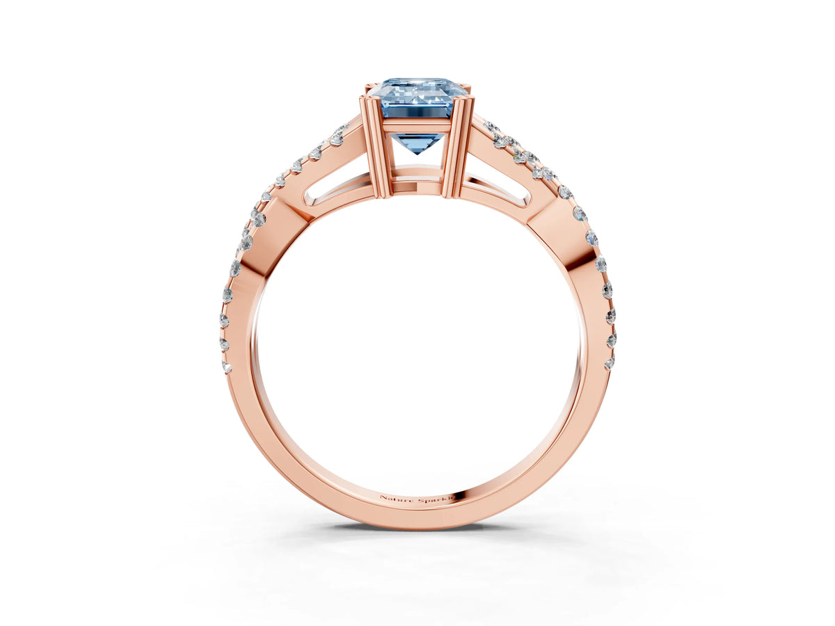 Fancy Blue Emerald Cut Diamond Solitaire Ring in Rose gold with Interwoven Pavé Band and Prong Setting_3