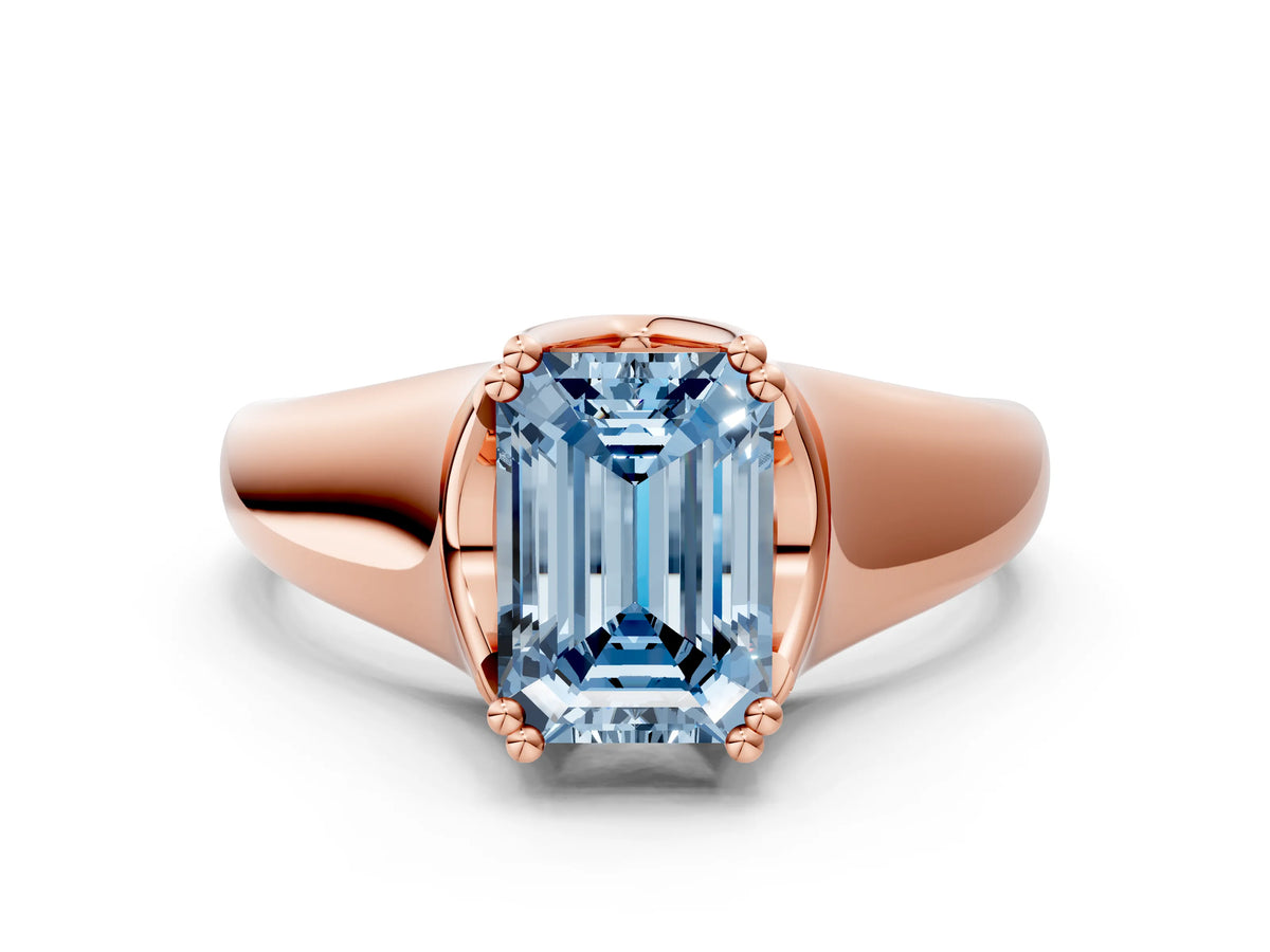 Fancy Blue Emerald Cut Diamond Solitaire Ring in Rose gold with Smooth Wide Band and Prong Setting