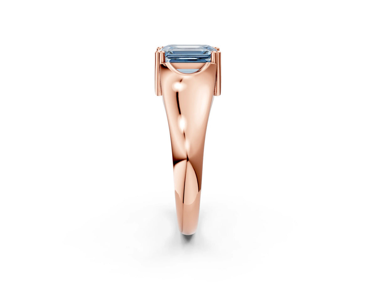 Fancy Blue Emerald Cut Diamond Solitaire Ring in Rose gold with Smooth Wide Band and Prong Setting_2