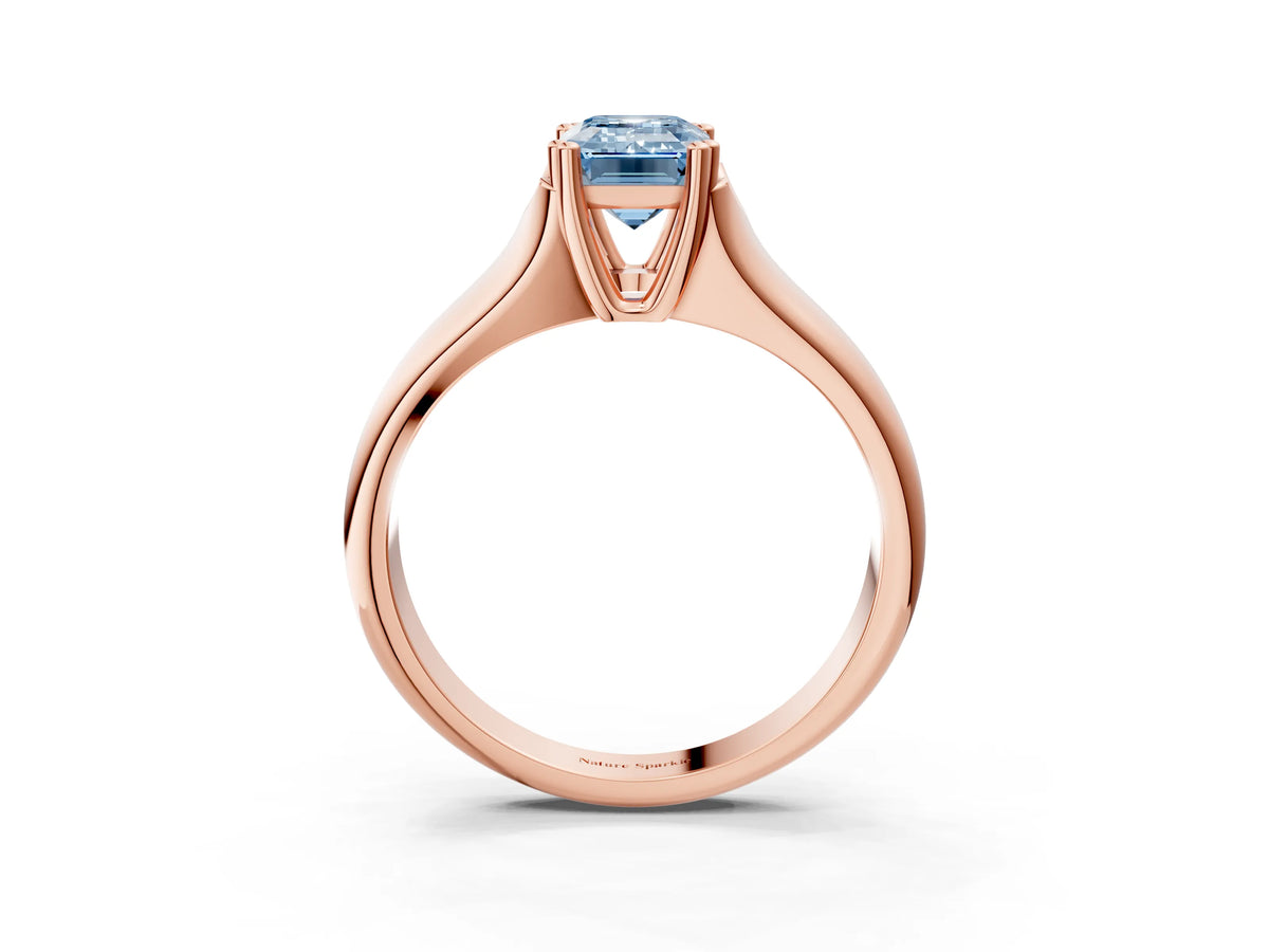 Fancy Blue Emerald Cut Diamond Solitaire Ring in Rose gold with Smooth Wide Band and Prong Setting_3