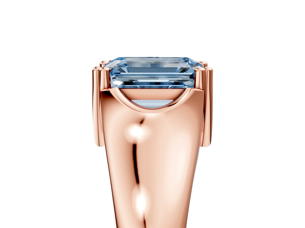 Fancy Blue Emerald Cut Diamond Solitaire Ring in Rose gold with Smooth Wide Band and Prong Setting_5