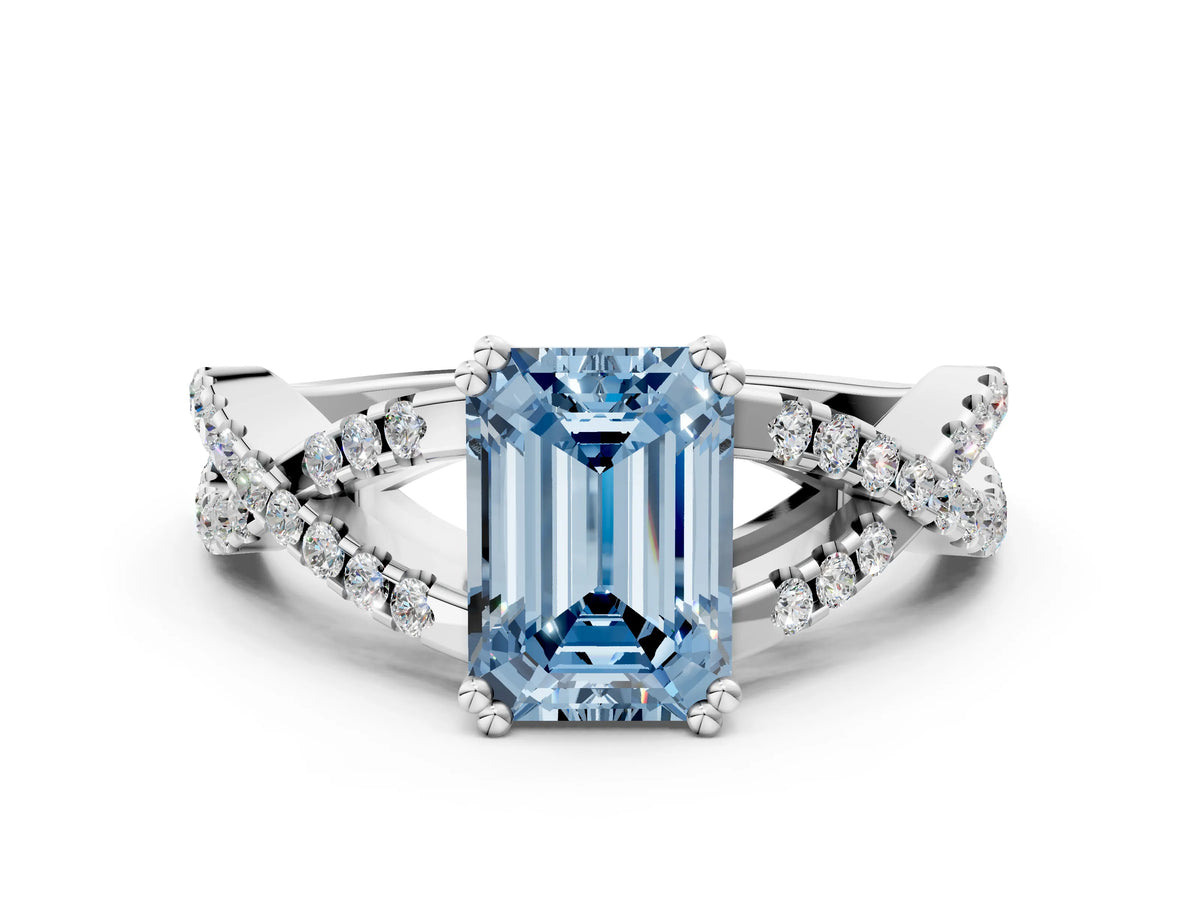 Fancy Blue Emerald Cut Diamond Solitaire Ring in Silver with Interwoven Pavé Band and Prong Setting_6