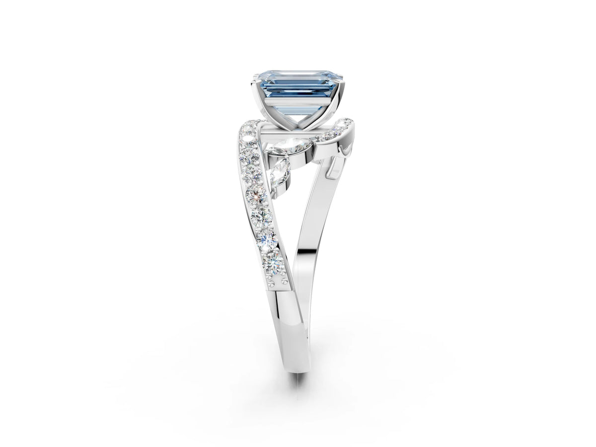 Fancy Blue Emerald Cut Diamond Solitaire Ring in Silver with Pavé Twist Band and Prong Setting_8