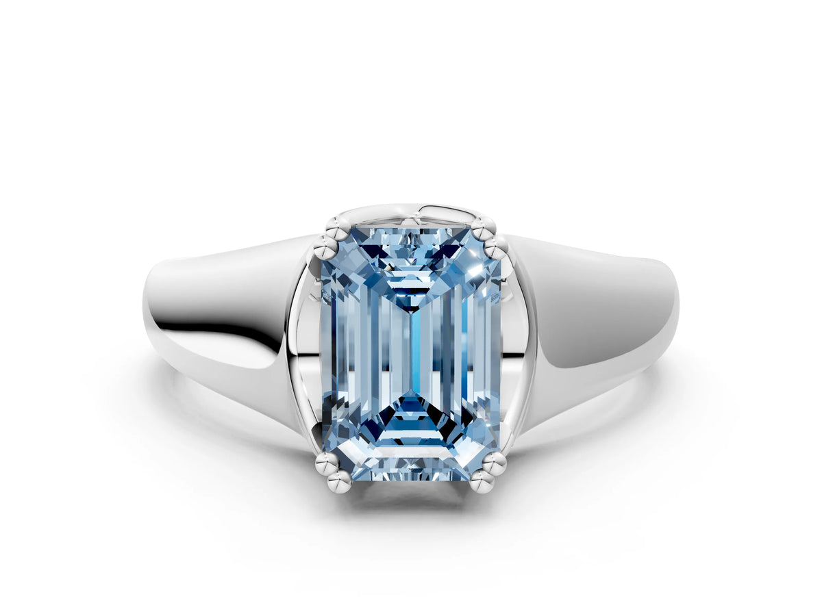 Fancy Blue Emerald Cut Diamond Solitaire Ring in Silver with Smooth Wide Band and Prong Setting_12