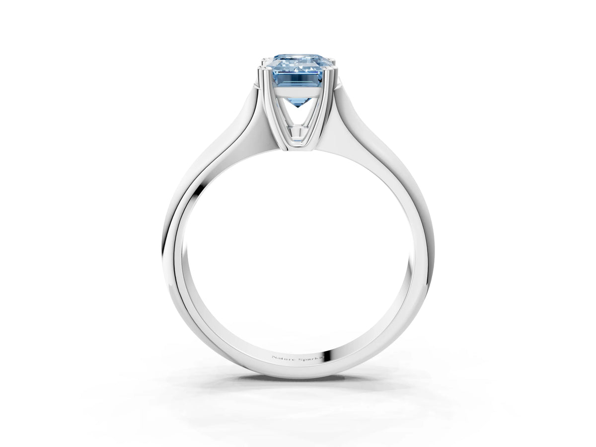 Fancy Blue Emerald Cut Diamond Solitaire Ring in Silver with Smooth Wide Band and Prong Setting_15