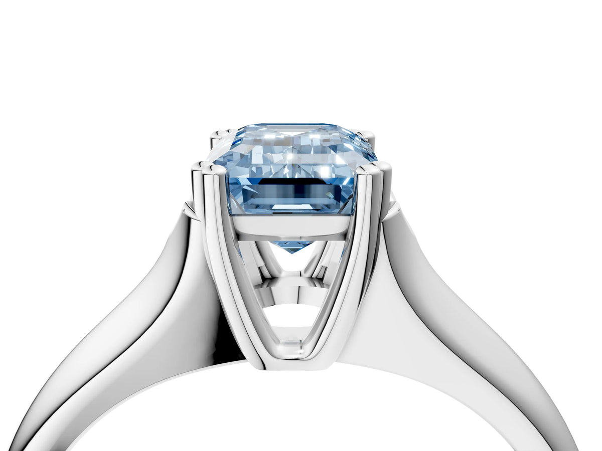 Fancy Blue Emerald Cut Diamond Solitaire Ring in Silver with Smooth Wide Band and Prong Setting_16