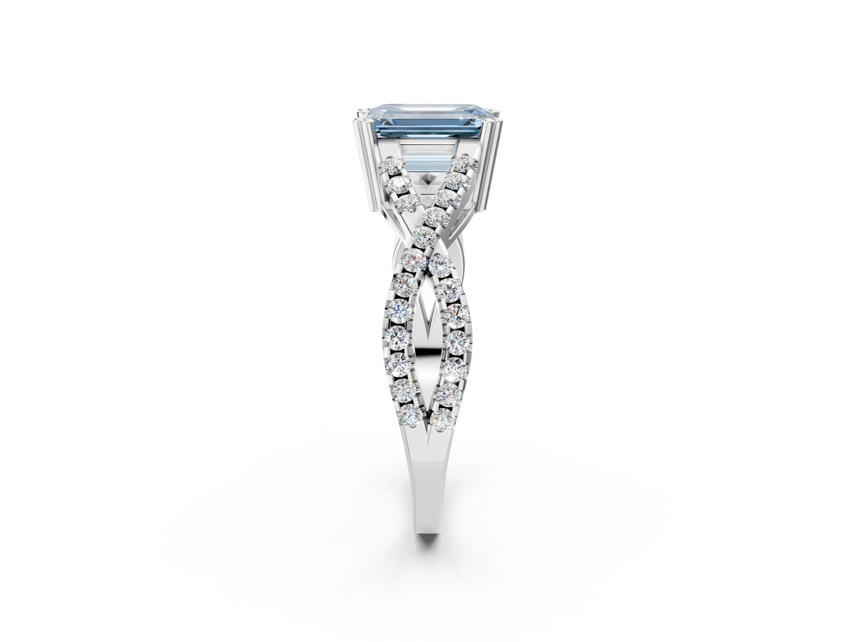 Fancy Blue Emerald Cut Diamond Solitaire Ring in White gold with Interwoven Pavé Band and Prong Setting_2