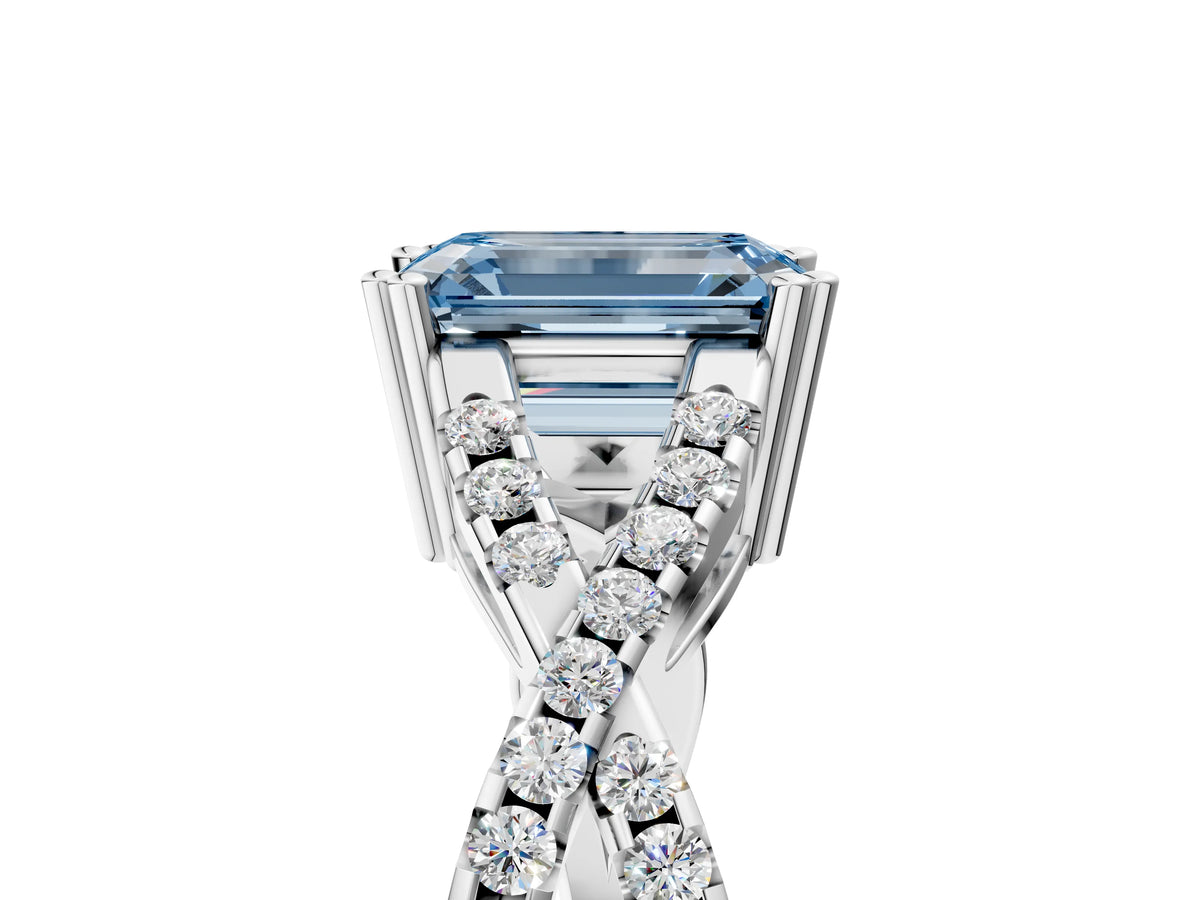 Fancy Blue Emerald Cut Diamond Solitaire Ring in White gold with Interwoven Pavé Band and Prong Setting_5
