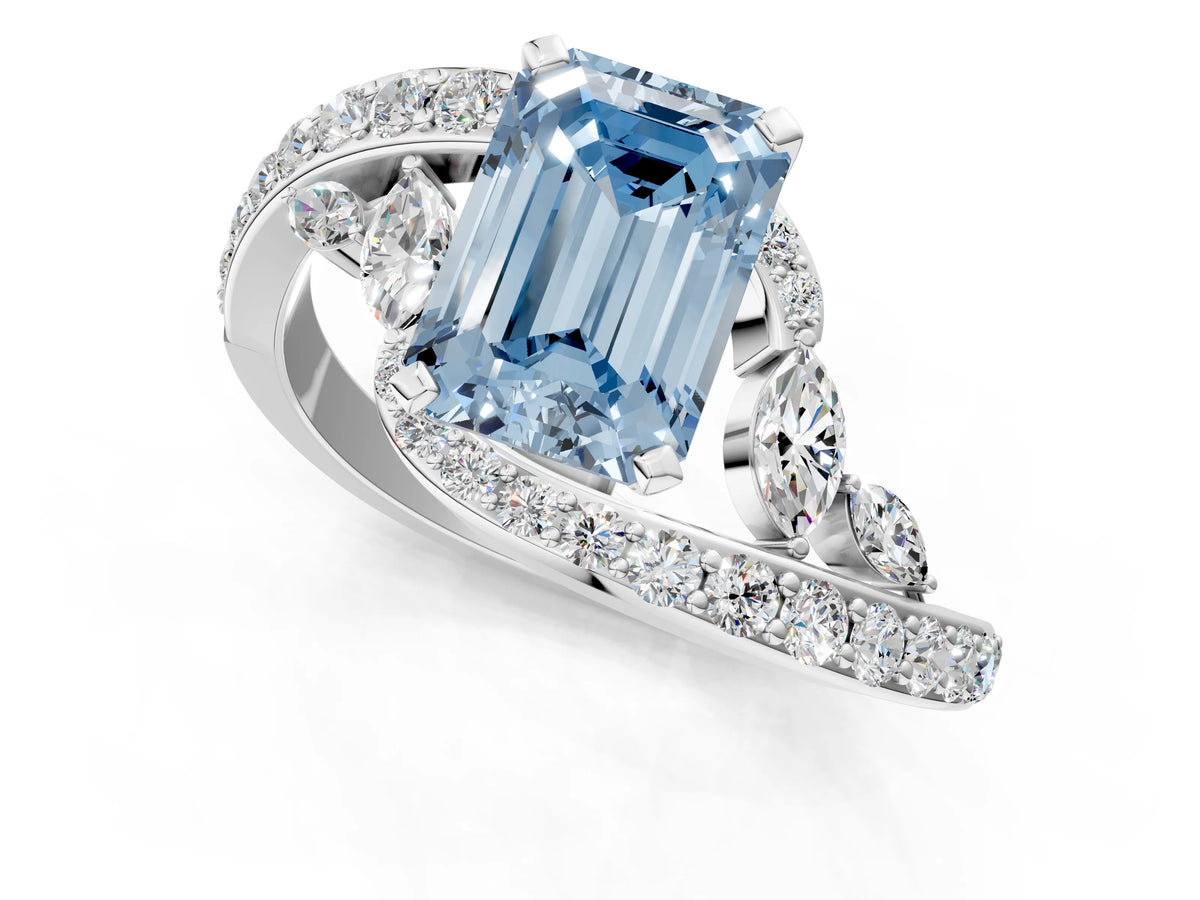 Fancy Blue Emerald Cut Diamond Solitaire Ring in White gold with Pavé Twist Band and Prong Setting_1