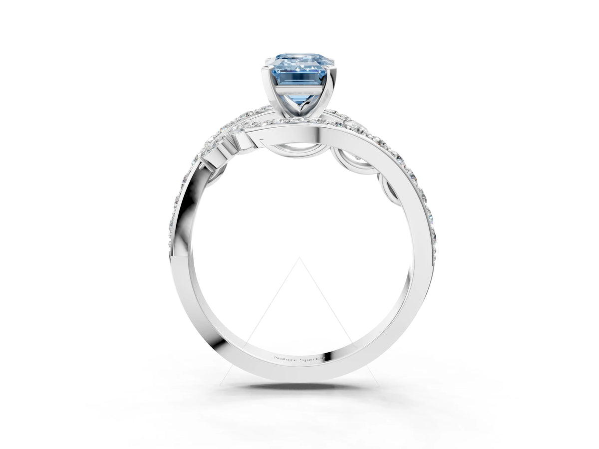 Fancy Blue Emerald Cut Diamond Solitaire Ring in White gold with Pavé Twist Band and Prong Setting_3