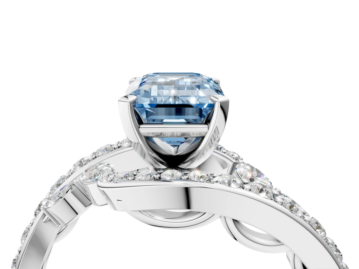 Fancy Blue Emerald Cut Diamond Solitaire Ring in White gold with Pavé Twist Band and Prong Setting_4