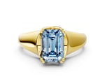 Fancy Blue Emerald Cut Diamond Solitaire Ring in Yellow gold with Smooth Wide Band and Prong Setting