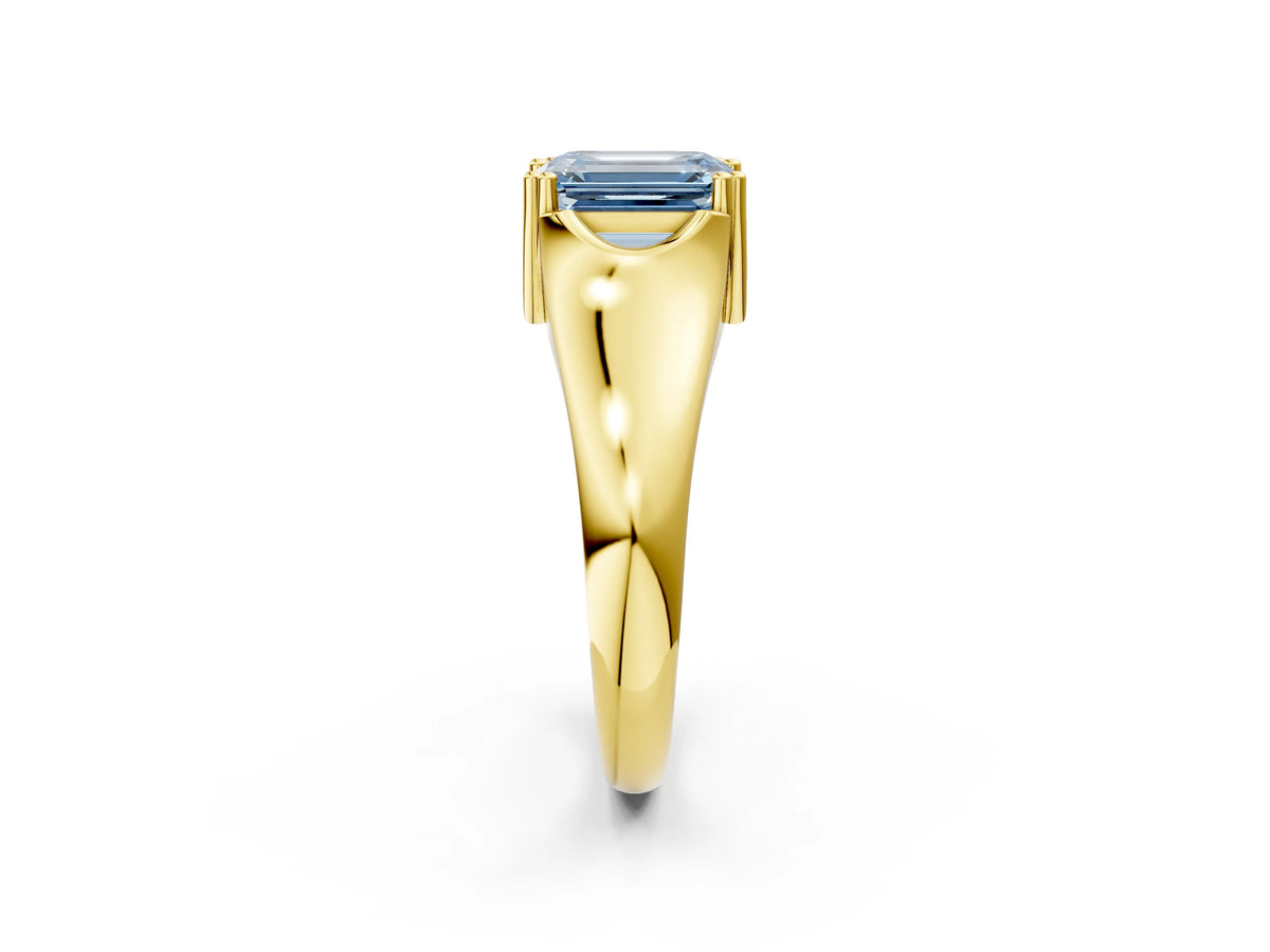 Fancy Blue Emerald Cut Diamond Solitaire Ring in Yellow gold with Smooth Wide Band and Prong Setting_2