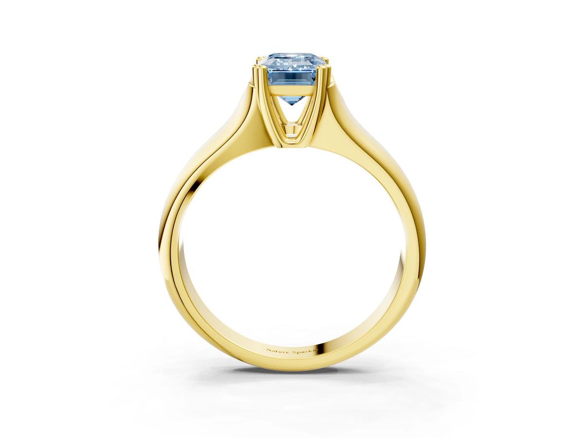 Fancy Blue Emerald Cut Diamond Solitaire Ring in Yellow gold with Smooth Wide Band and Prong Setting_3