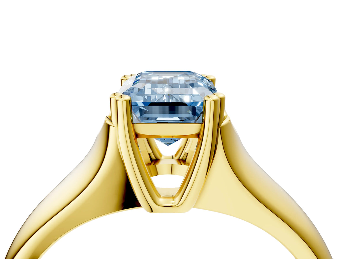 Fancy Blue Emerald Cut Diamond Solitaire Ring in Yellow gold with Smooth Wide Band and Prong Setting_4