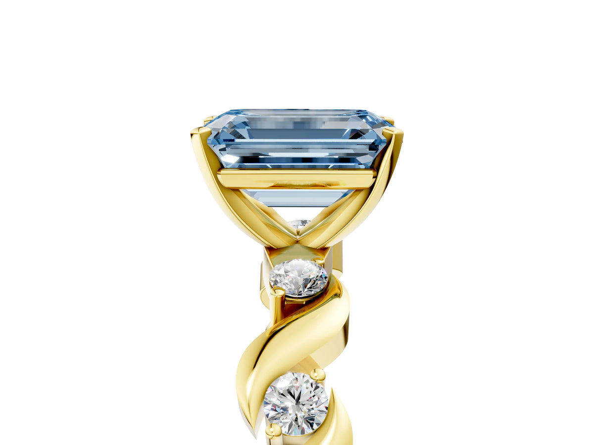 Fancy Blue Emerald Cut Diamond Solitaire Ring in Yellow gold with Twisted Ribbon Band and Round Accents_5