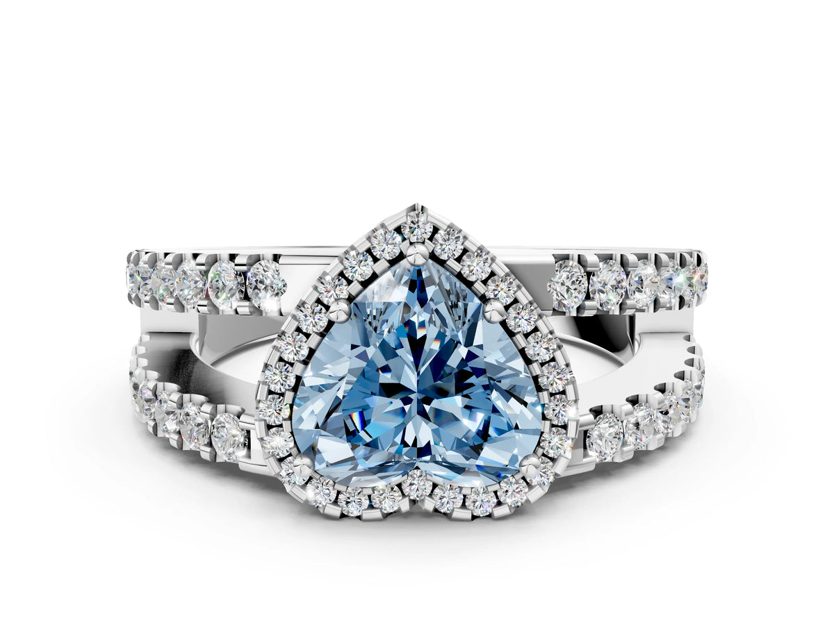 Fancy Blue Heart Cut Diamond Halo Ring in Silver with Split Shank Band and Prong Setting_12