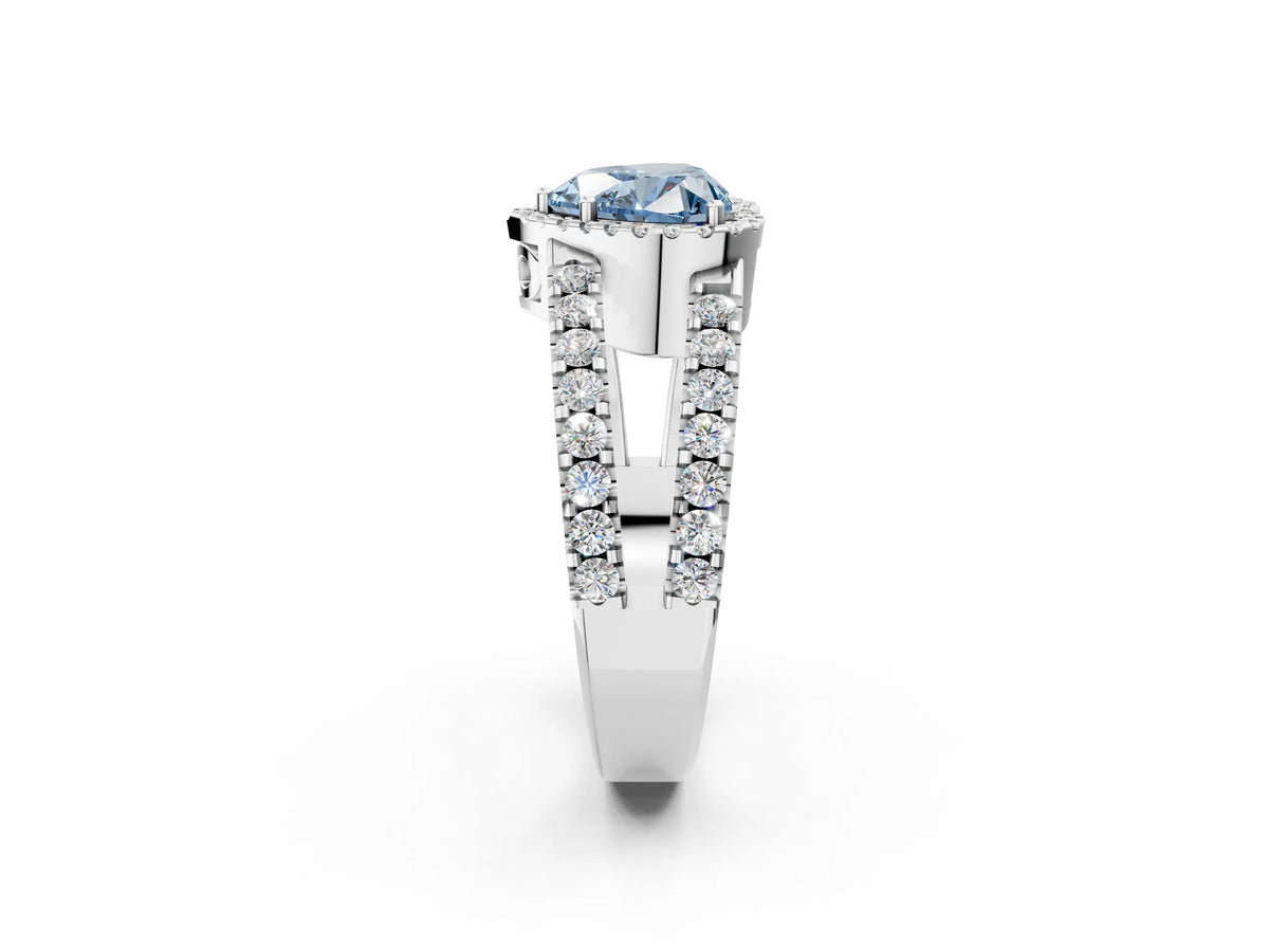 Fancy Blue Heart Cut Diamond Halo Ring in Silver with Split Shank Band and Prong Setting_14