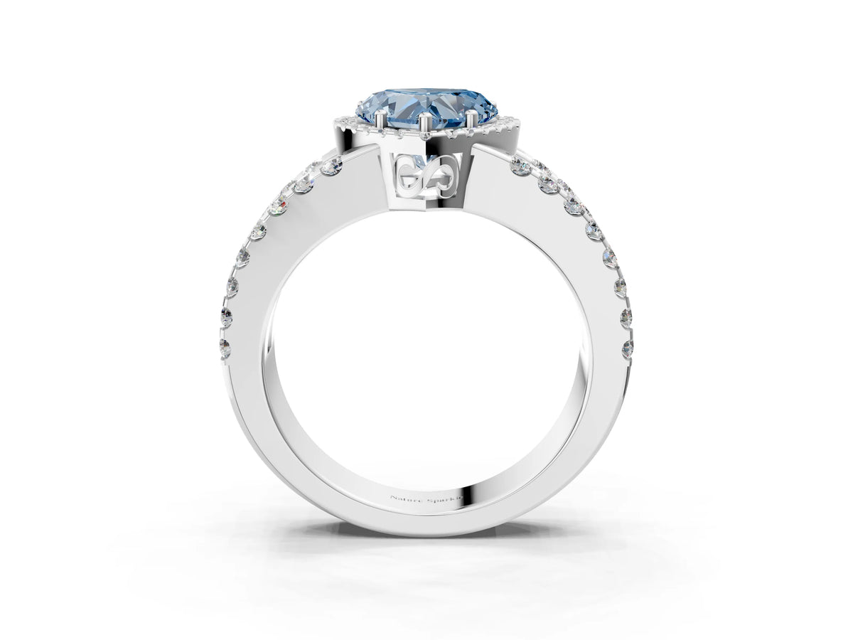 Fancy Blue Heart Cut Diamond Halo Ring in Silver with Split Shank Band and Prong Setting_15